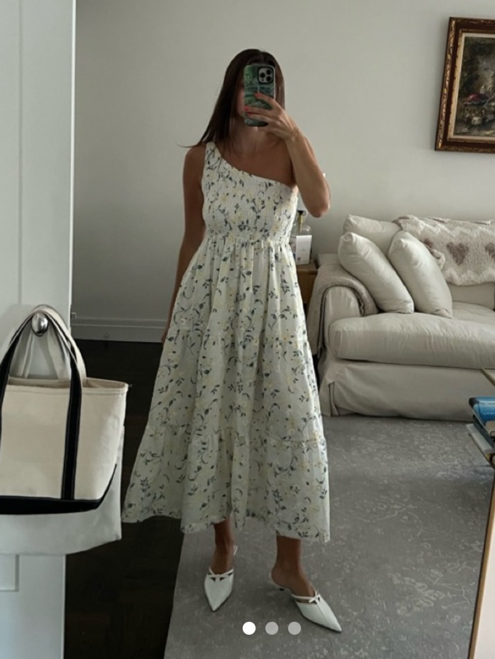 En Saison One-Shoulder Floral Midi Dress in Cream and Blue-Green
